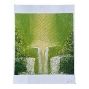 Serene Forest Waterfall Art Print Greens Yellow Nature Botanical 9"x 8.25" Calm